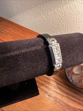Black Leather Bracelet with Rectangular Crystal Accent